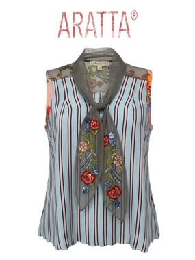 NWT Aratta Boho Embroidered Mesh Tie Neck Top Striped Flowy Boutique
